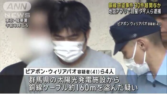 事前に地図アプリで目星つけ…群馬県の太陽光発電施設から銅線窃盗か　タイ人4人逮捕